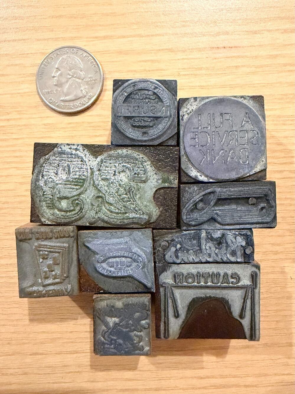 Letterpress Printing Blocks Advertising Logo Cuts Metal & Wood Lot of 9 Vintage